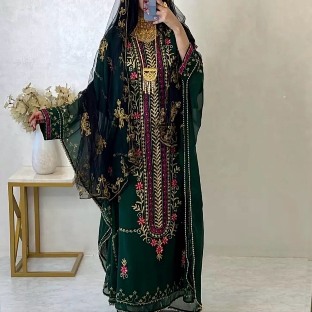 Embroidered Deep Green Caftan Abaya with Gold & Pink Accents